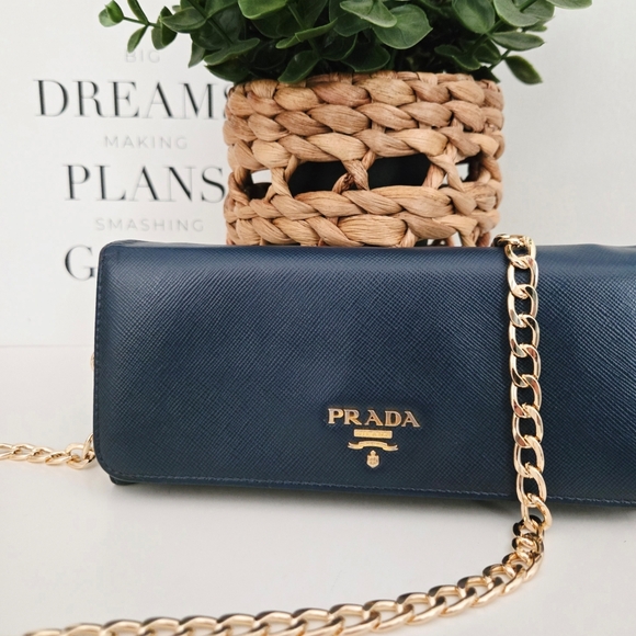 Prada Handbags - Authentic PRADA Logo Saffiano Leather Blue Gold Bifold Wallet Clutch Holder WOC